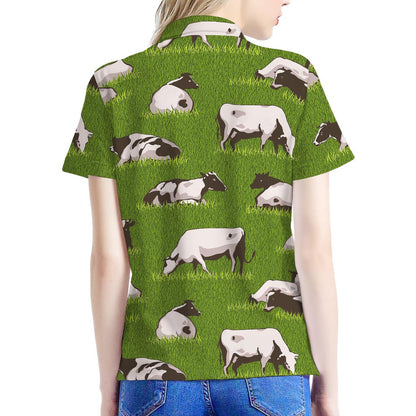 Cow On Green Grass Pattern Print Women's Polo Shirt