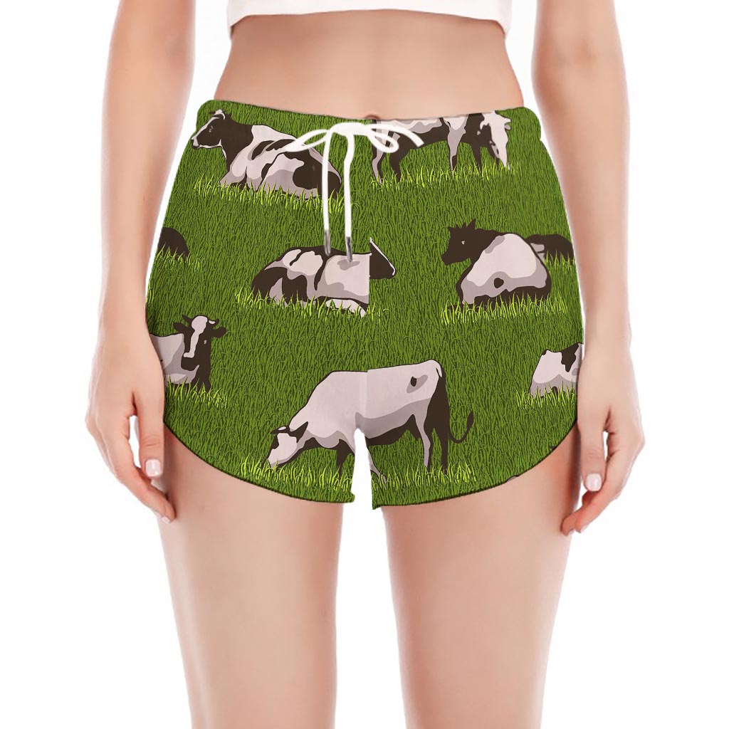 Cow On Green Grass Pattern Print Women's Split Running Shorts