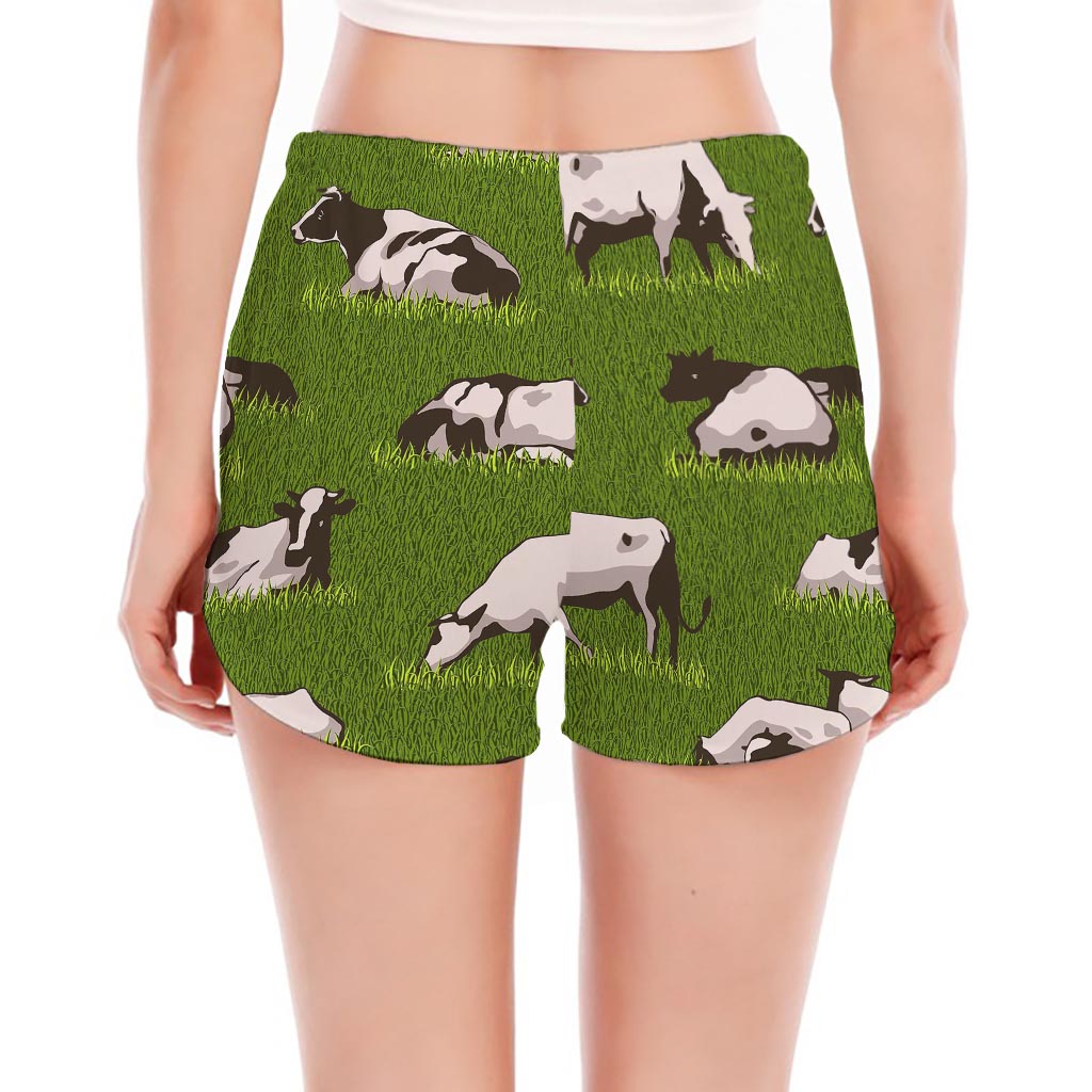 Cow On Green Grass Pattern Print Women's Split Running Shorts