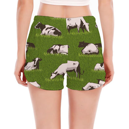 Cow On Green Grass Pattern Print Women's Split Running Shorts