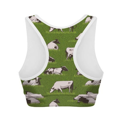 Cow On Green Grass Pattern Print Women's Sports Bra