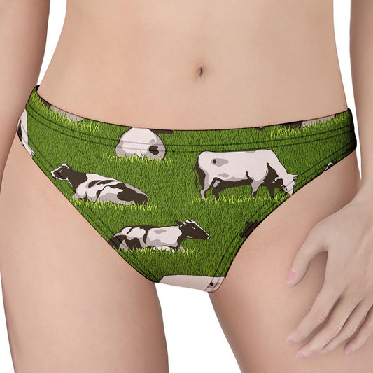 Cow On Green Grass Pattern Print Women's Thong