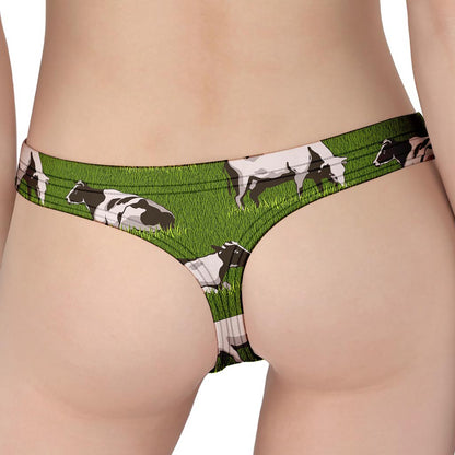 Cow On Green Grass Pattern Print Women's Thong