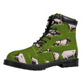 Cow On Green Grass Pattern Print Padded Collar Lace Up Boots