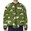 Cow On Green Grass Pattern Print Zip Sleeve Bomber Jacket