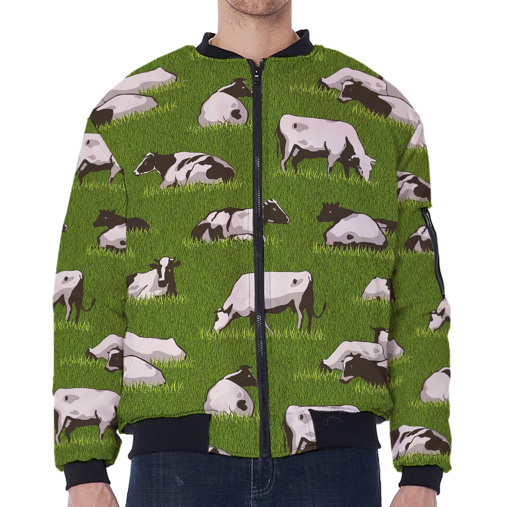 Cow On Green Grass Pattern Print Zip Sleeve Bomber Jacket