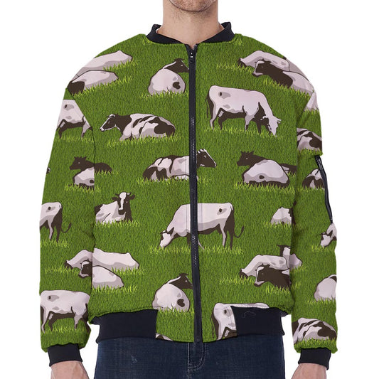 Cow On Green Grass Pattern Print Zip Sleeve Bomber Jacket