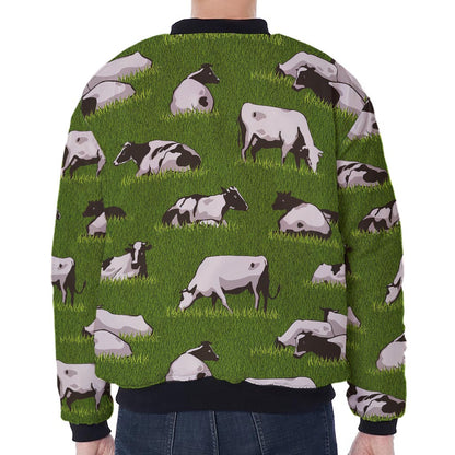 Cow On Green Grass Pattern Print Zip Sleeve Bomber Jacket