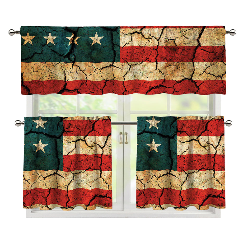 Cracked American Flag Print 3 Piece Kitchen Curtains