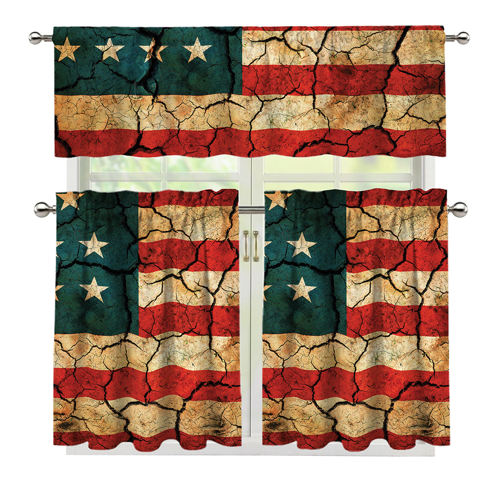 Cracked American Flag Print 3 Piece Kitchen Curtains