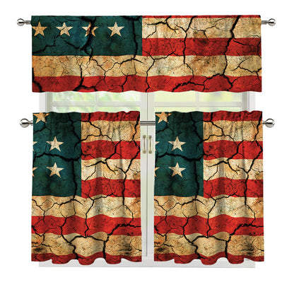 Cracked American Flag Print 3 Piece Kitchen Curtains