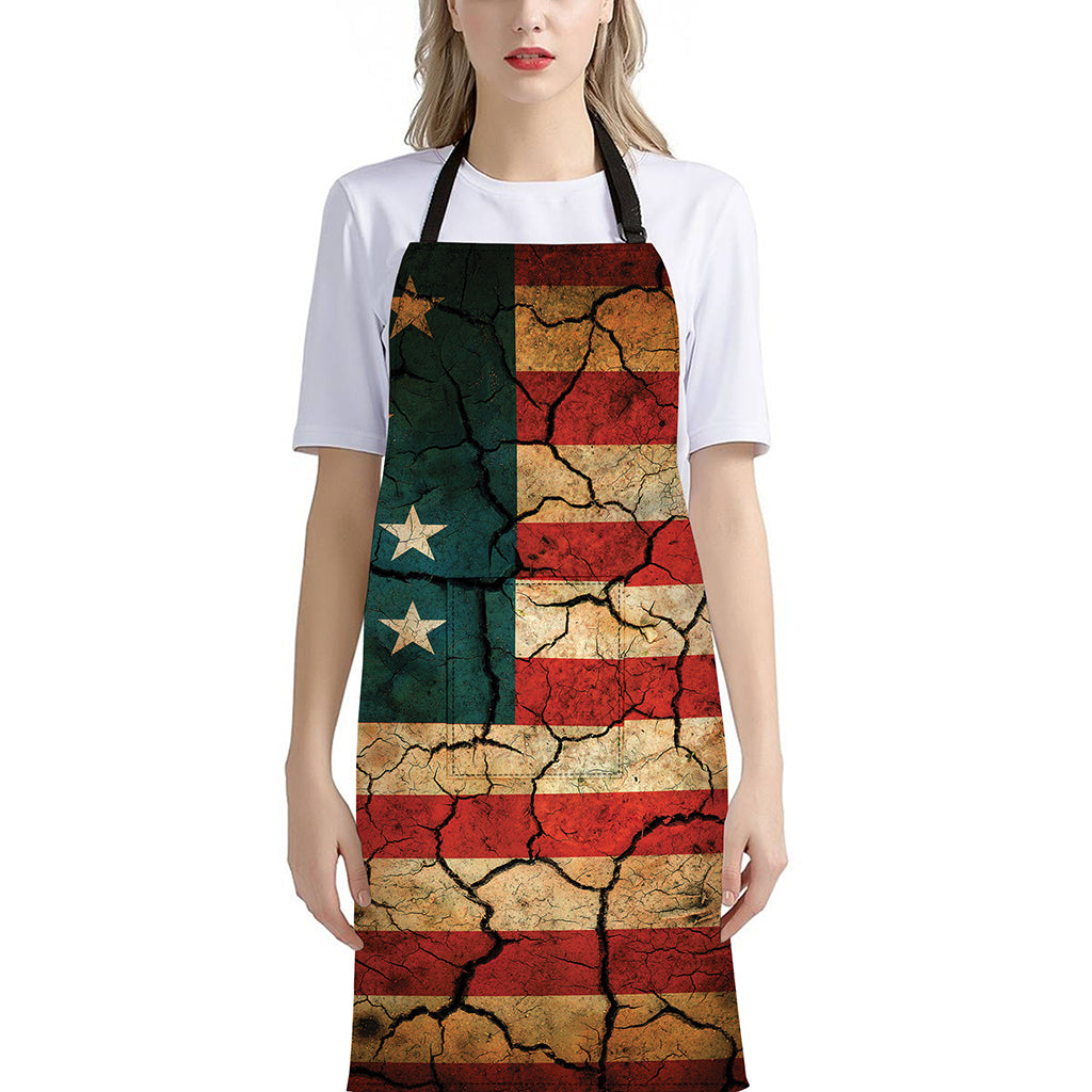 Cracked American Flag Print Bib Apron With Pocket
