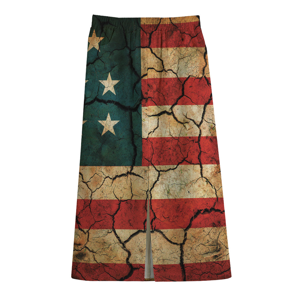 Cracked American Flag Print Cotton Front Slit Maxi Skirt