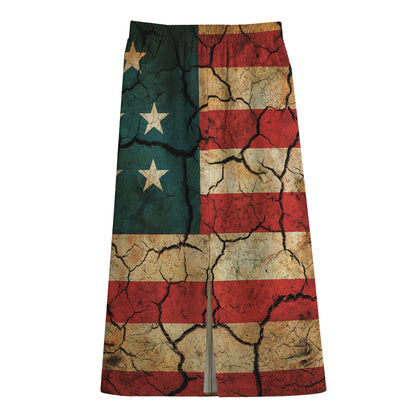 Cracked American Flag Print Cotton Front Slit Maxi Skirt