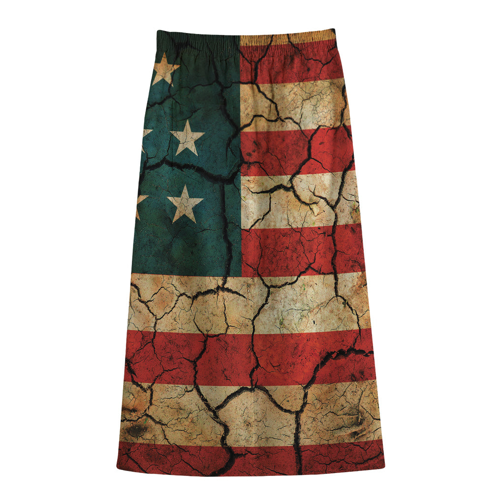 Cracked American Flag Print Cotton Front Slit Maxi Skirt