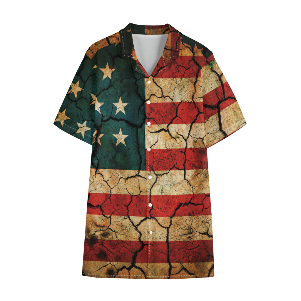 Cracked American Flag Print Cotton Hawaiian Shirt