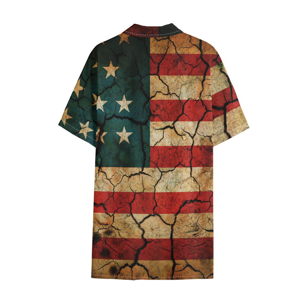 Cracked American Flag Print Cotton Hawaiian Shirt