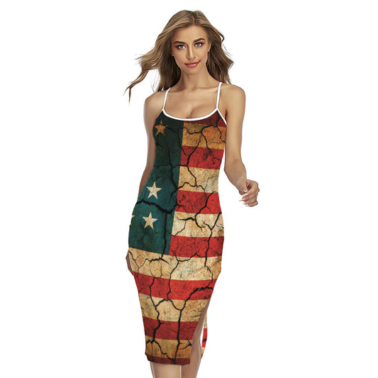 Cracked American Flag Print Cross Back Cami Dress
