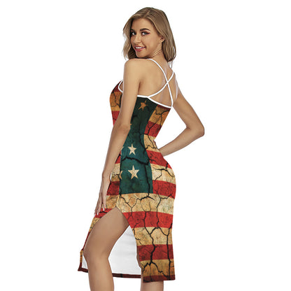 Cracked American Flag Print Cross Back Cami Dress
