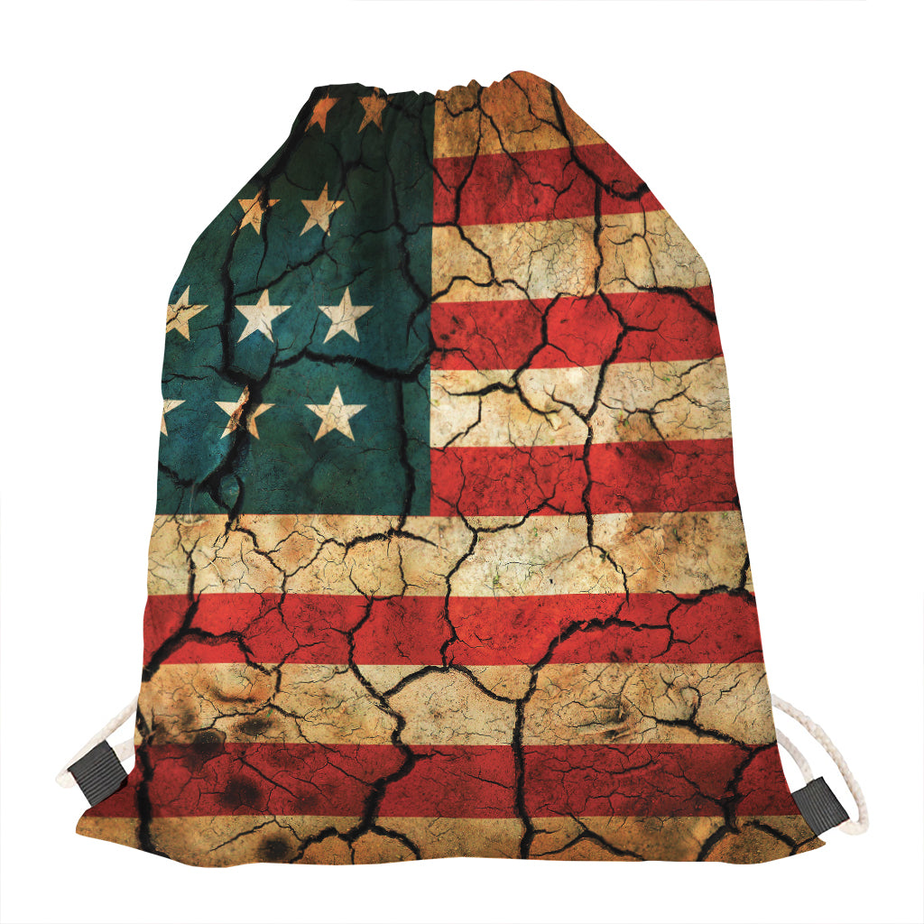 Cracked American Flag Print Drawstring Bag