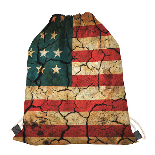 Cracked American Flag Print Drawstring Bag