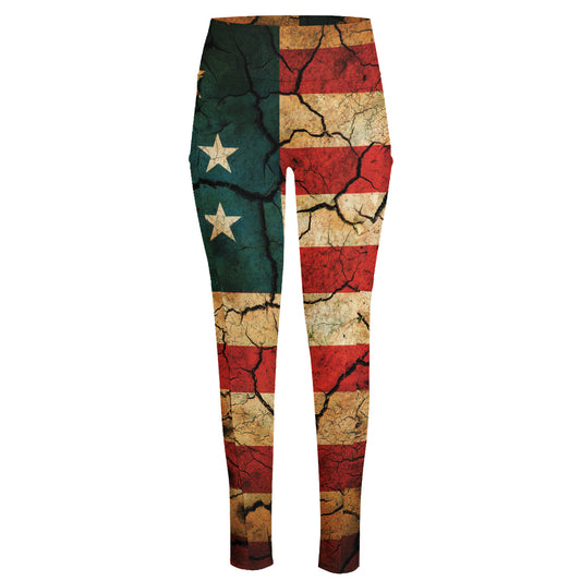 Cracked American Flag Print High-Waisted Pocket Leggings
