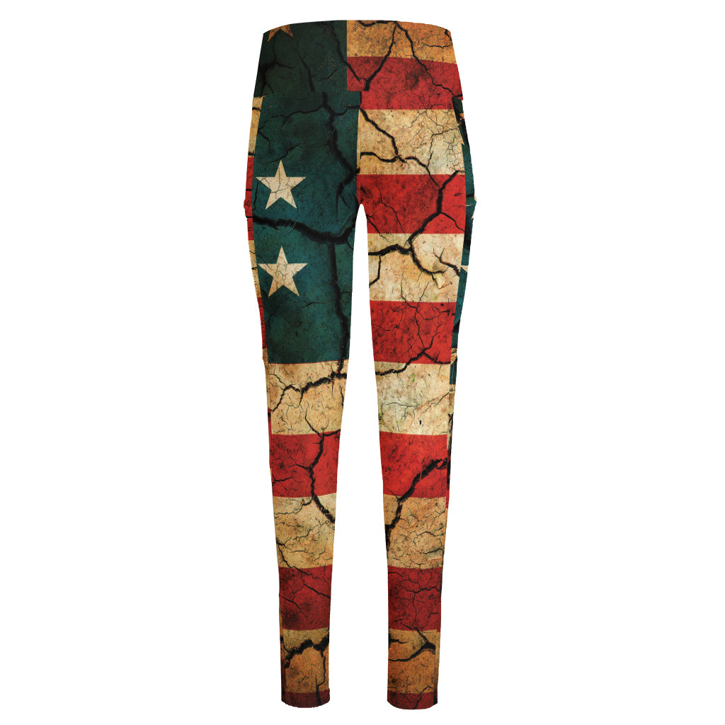 Cracked American Flag Print High-Waisted Pocket Leggings