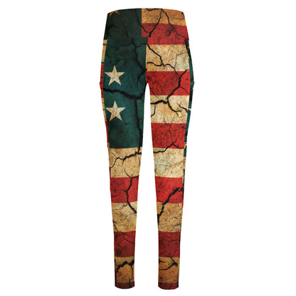 Cracked American Flag Print High-Waisted Pocket Leggings