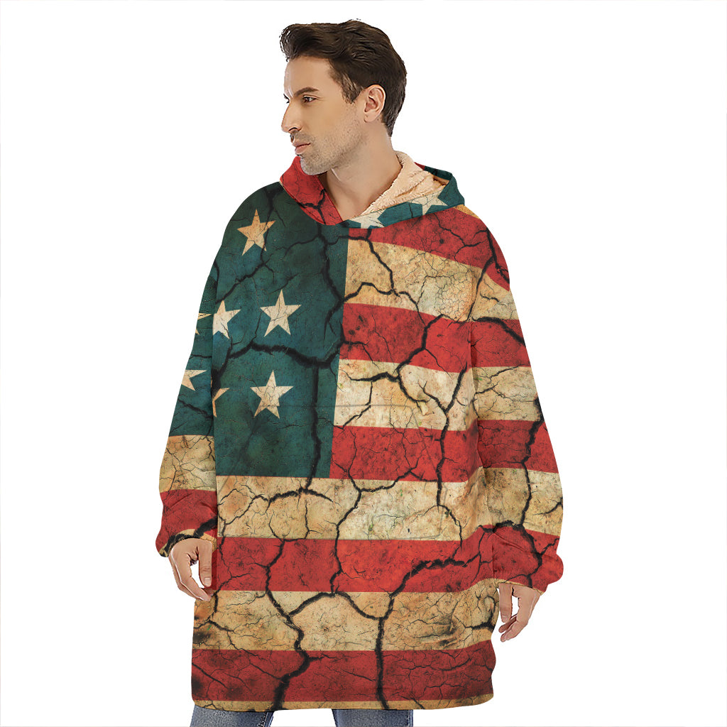 Cracked American Flag Print Hoodie Blanket