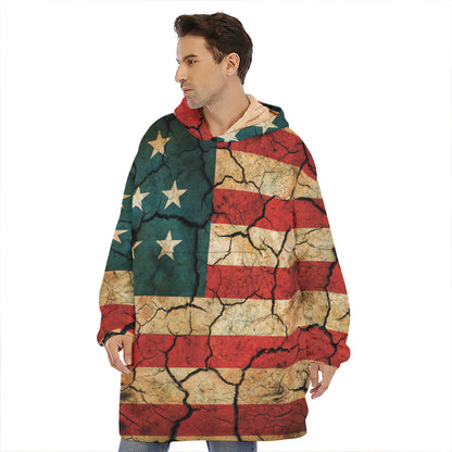 Cracked American Flag Print Hoodie Blanket