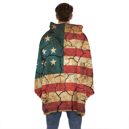 Cracked American Flag Print Hoodie Blanket