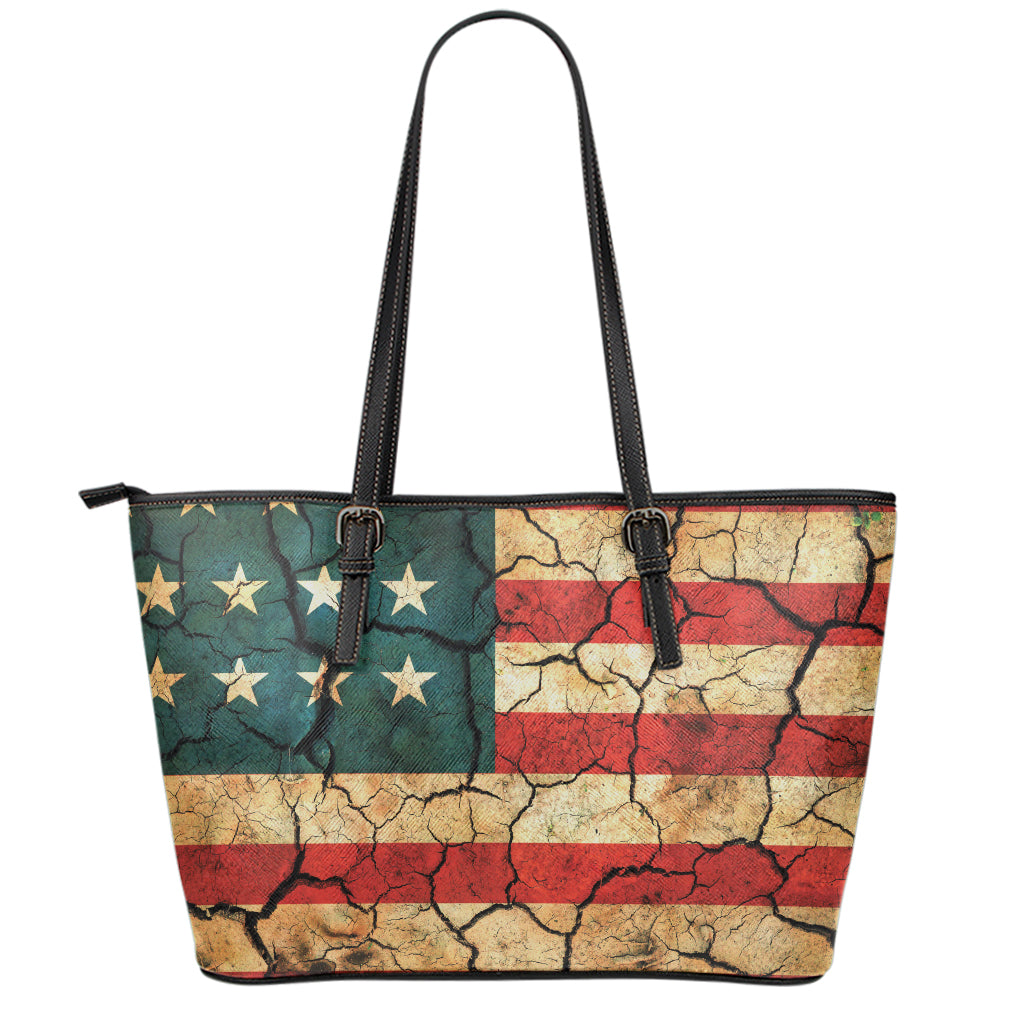 Cracked American Flag Print Leather Tote Bag