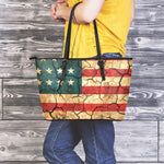Cracked American Flag Print Leather Tote Bag