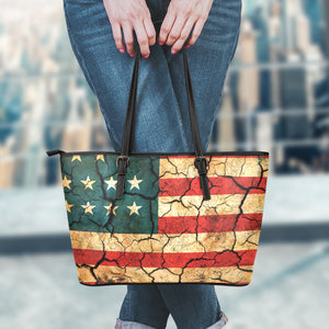 Cracked American Flag Print Leather Tote Bag