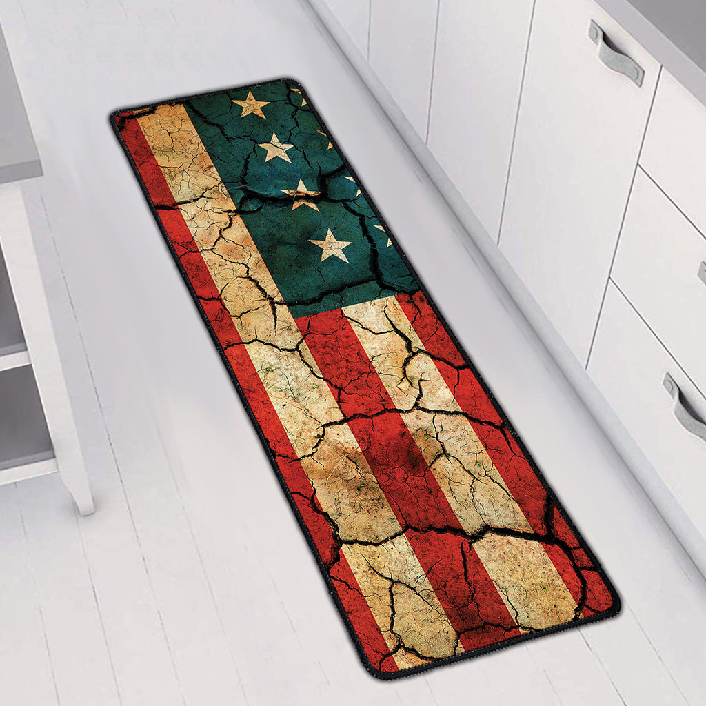 Cracked American Flag Print Long Kitchen Mat