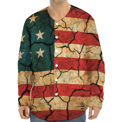 Cracked American Flag Print Long Sleeve Baseball Jersey