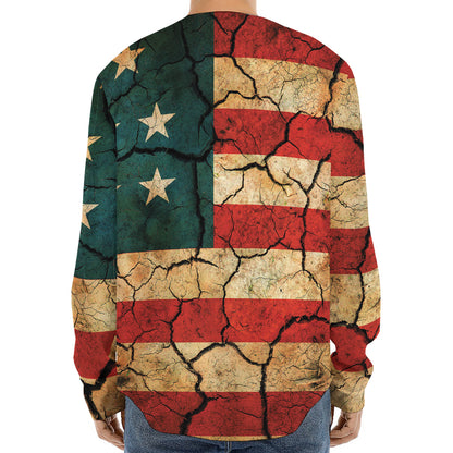 Cracked American Flag Print Long Sleeve Baseball Jersey