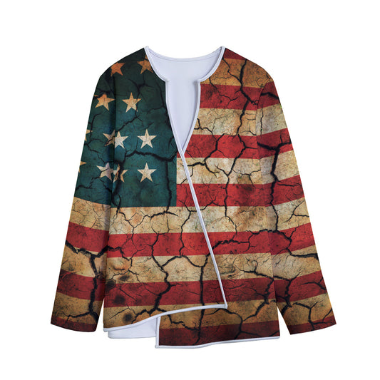 Cracked American Flag Print Long Sleeve Short Coat