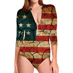 Cracked American Flag Print Long Sleeve Swimsuit
