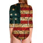 Cracked American Flag Print Long Sleeve Swimsuit