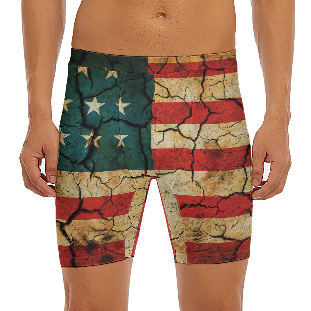 Cracked American Flag Print Men's Long Boxer Briefs