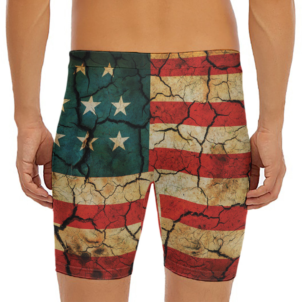 Cracked American Flag Print Men's Long Boxer Briefs