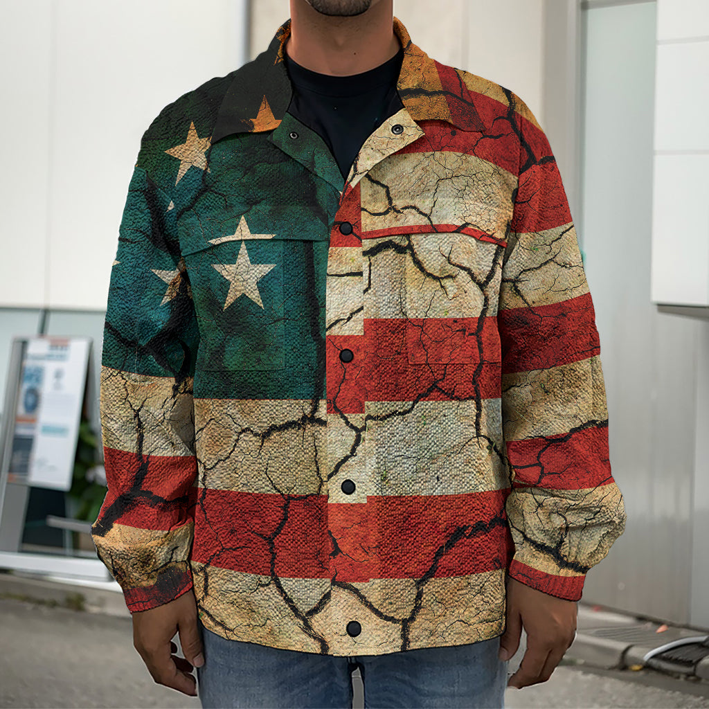 Cracked American Flag Print Men's Shirt Jacket