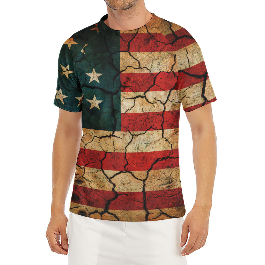 Cracked American Flag Print Men's Short Sleeve Rash Guard