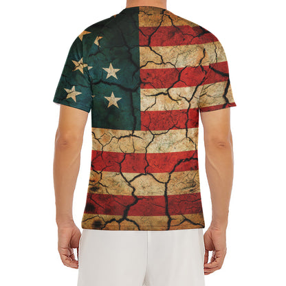 Cracked American Flag Print Men's Short Sleeve Rash Guard