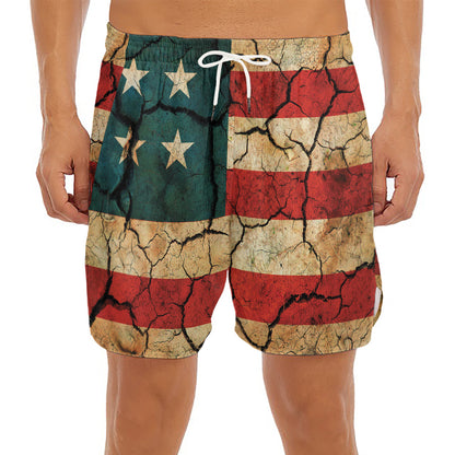 Cracked American Flag Print Men's Split Running Shorts