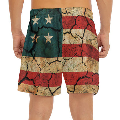 Cracked American Flag Print Men's Split Running Shorts