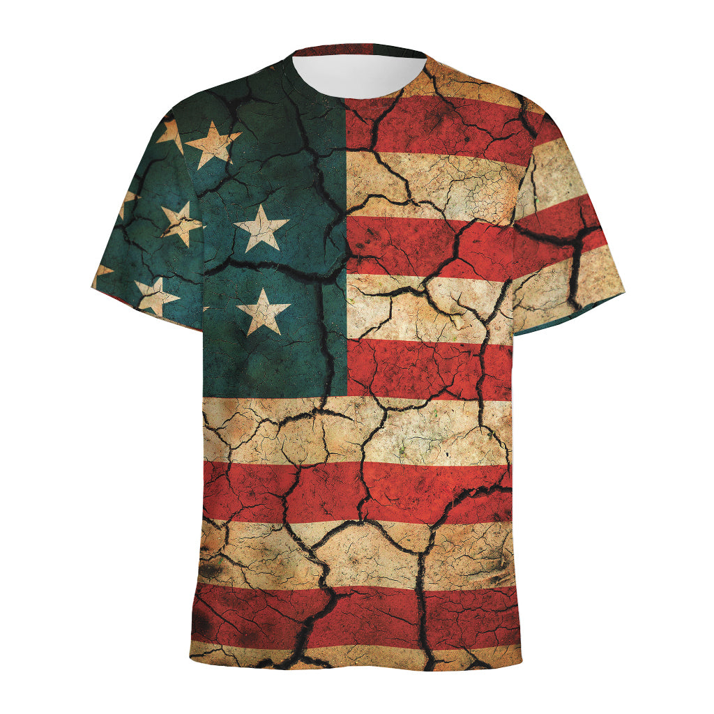 Cracked American Flag Print Men's Sports T-Shirt