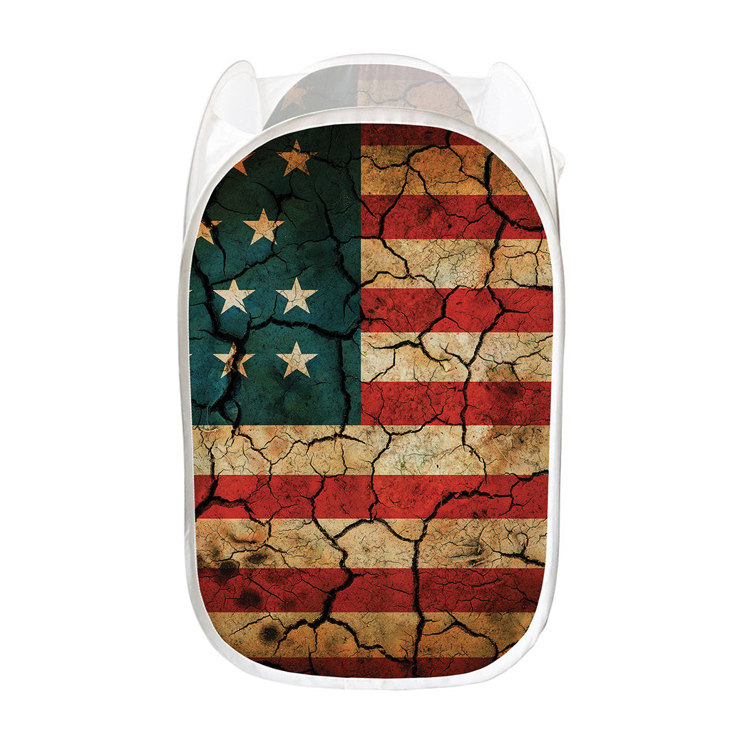 Cracked American Flag Print Mesh Laundry Hamper