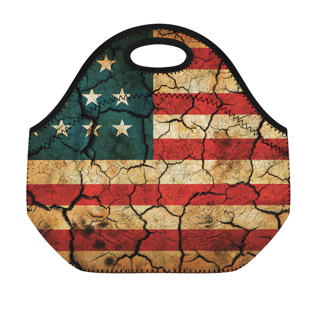 Cracked American Flag Print Neoprene Lunch Bag